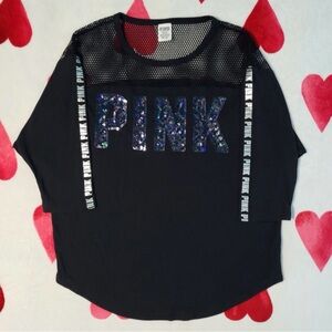 PINK Victoria's Secret Black Mesh Top with sequined logo